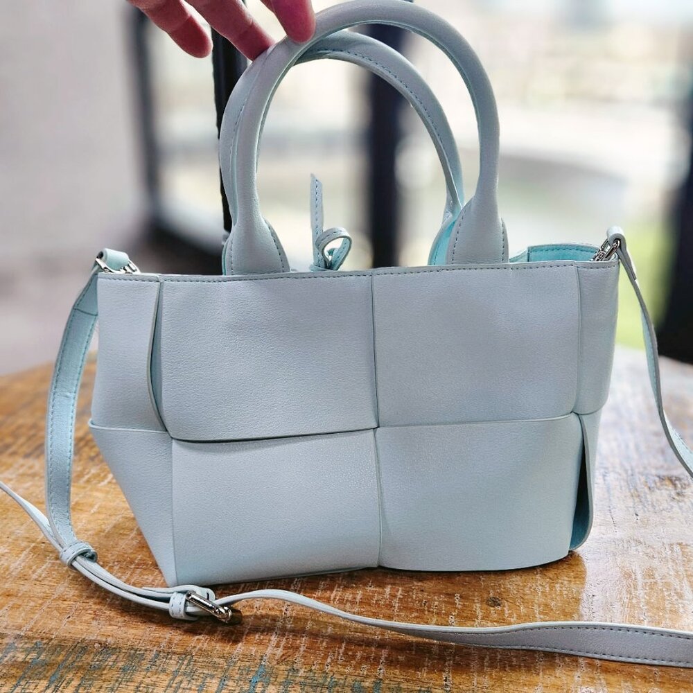Aqua Woven Soft Leather Handbag • Tiffany & Fred Style • Top Handle + Crossbody